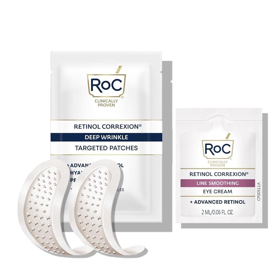 RoC Retinol Correxion Deep Wrinkle Non-Invasive Targeted Patches with Hyaluronic Acid + Firming Peptides for Forehead, 11 Lines, Crows Feet and Laugh Lines, (6 Patches) with Retinol Eye Packette