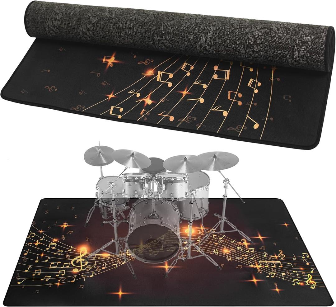 Drum Rug, 4 Ft x 5 Ft Drum Mat Drum Carpet Music Rug with Non-Slip Bottom, Soundproof Electrical Drum Pads for Drummers, Musical Note