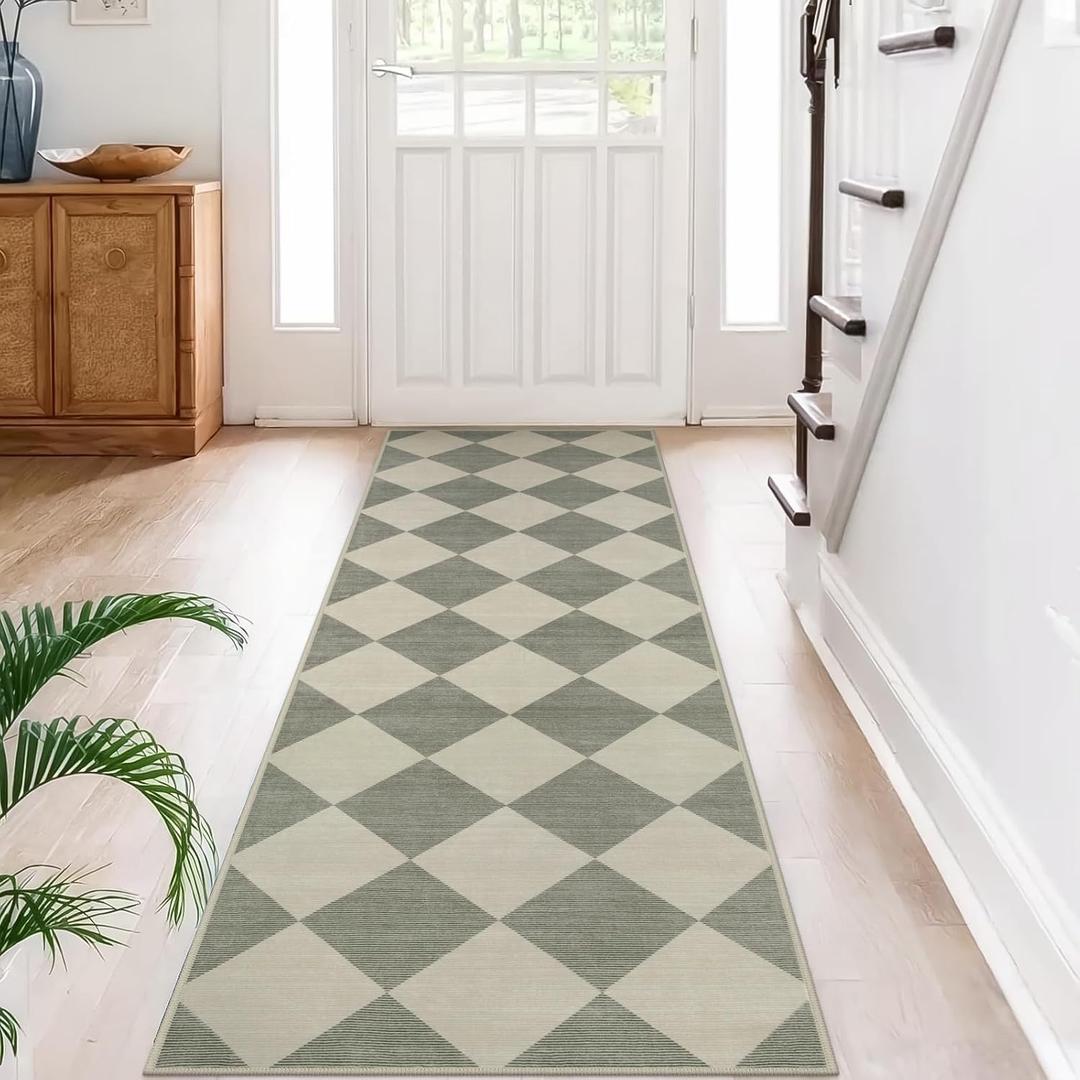 Beeiva Checkered Print Kitchen Runner Rugs Non Skid Washable 2.5x8, Ultra Thin Low Pile Green Runners for Hallways 8ft, Geometric Farmhouse Floor Carpet for Bedroom Entryway, Modern Plaid Home Decor