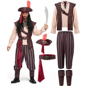 Spooktacular Creations Mens Caribbean Pirate Costume Adult Sea Captain Robber Costume for Halloween (X-Large, Red)