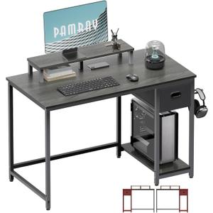 Pamray 39 Inch Computer Desk with Monitor Stand Small Home Office Desks with Non-Woven Storage Drawer for Bedroom Study Table Writing and Work Desk Espresso Gray,Gray Leg