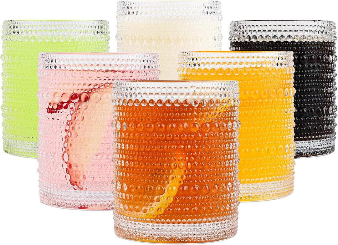 Vintage Glassware Drinking Glasses Set of 6,12 oz Hobnail Glass Cups,Embossed Clear Water Tumbler,for Beer,Cocktail,Whiskey,Juice and Various Mixed Drinks- 1 Cleaning Brush (12oz Clear)