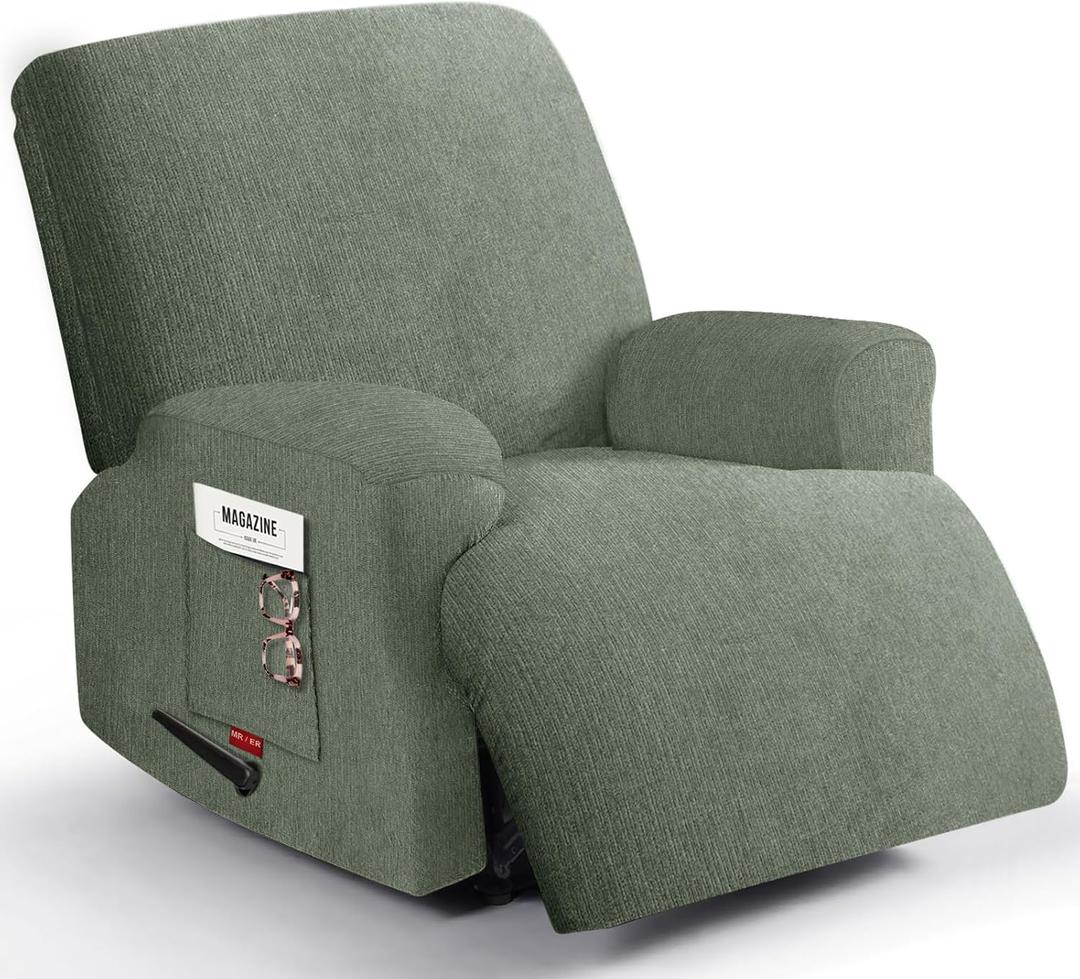 Oversized 3 Pieces Stretch Recliner Chair Covers - Plush Fabric Slipcovers & Durable Furniture Protectors with Elastic Bottom for Kids and Pets (1 XL Seater, Green)