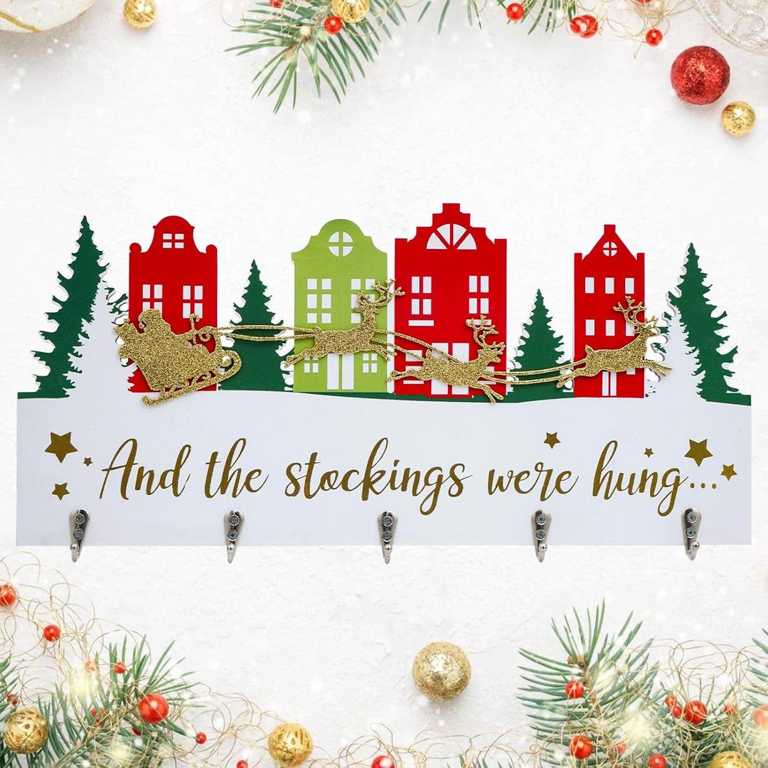 HOMirable Christmas Stocking Holder with Hangers Christmas Tree House Wall Mount Decorations for Home Wooden Hanging Sign Mantle Decorative Hook Holiday Xmas Fireplace Party Decor Gift