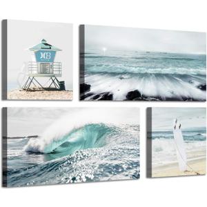 ARTISTIC PATH Beach Canvas Wall Art Print: Shoreline Guard & Surfboard Picture Graphic Art Painting for Wall Decor (Overall 36" W x 24" H,Multi-Sized), Size: 12"x12"x2+12"x24"x2