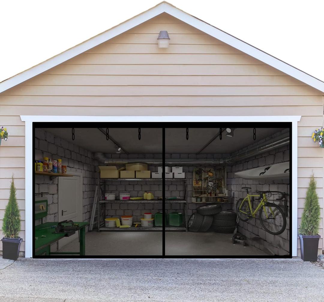 Double Garage Screen Door 16x7FT - for 2 Car Garage Door Screen Fiberglass Garage Screen Cover Kit38 High Energy Magnets&Weighted Bottom Stronger 2240g (16.3 * 7.15FT)