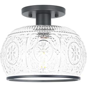 Black Vintage Semi-Flush Mount Ceiling Light with Globe Glass. Ideal for Small Kitchen, Closet, Hallway, Entryway, and Bathroom Lighting