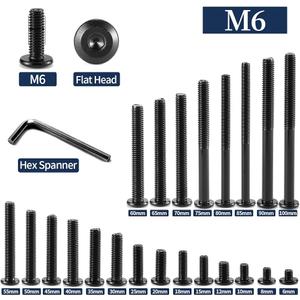61Pcs M6 Flat Head Hex Socket Cap Screws Assortment Kit, M6 x 12mm/15mm/20mm/25mm/30mm/35mm/40mm/50mm/60mm Socket Cap Bolts,304 Stainless Steel 188, Full Thread, Black Oxide with Hex Spanner