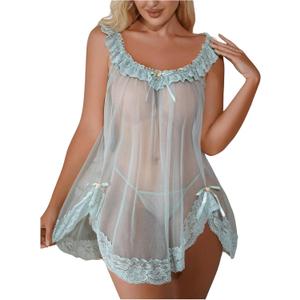OYOANGLE Women's 2 Piece Mesh Sheer Floral Lace Babydoll Slip Dress Nightgowns and Thong Lingerie Set (Size X-Large, Green)