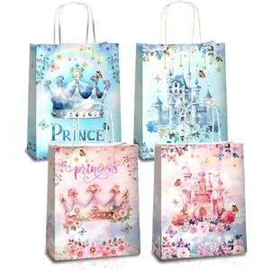 24 Pcs Princess Prince Party Favor Bags with Handles - Prince Princess Castle Goodie Gift Candy Treat Paper Bags for Birthday Gender Reveal Baby Shower Party