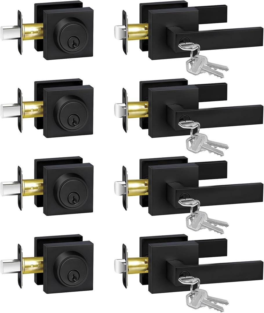 Matte Black Door Locks for Front Door, Exterior Door Lock Set with Single Cylinder Deadbolt Lock, Flat Square Door Handle for Front Door, 4 Pack (All Same Keyed Alike)