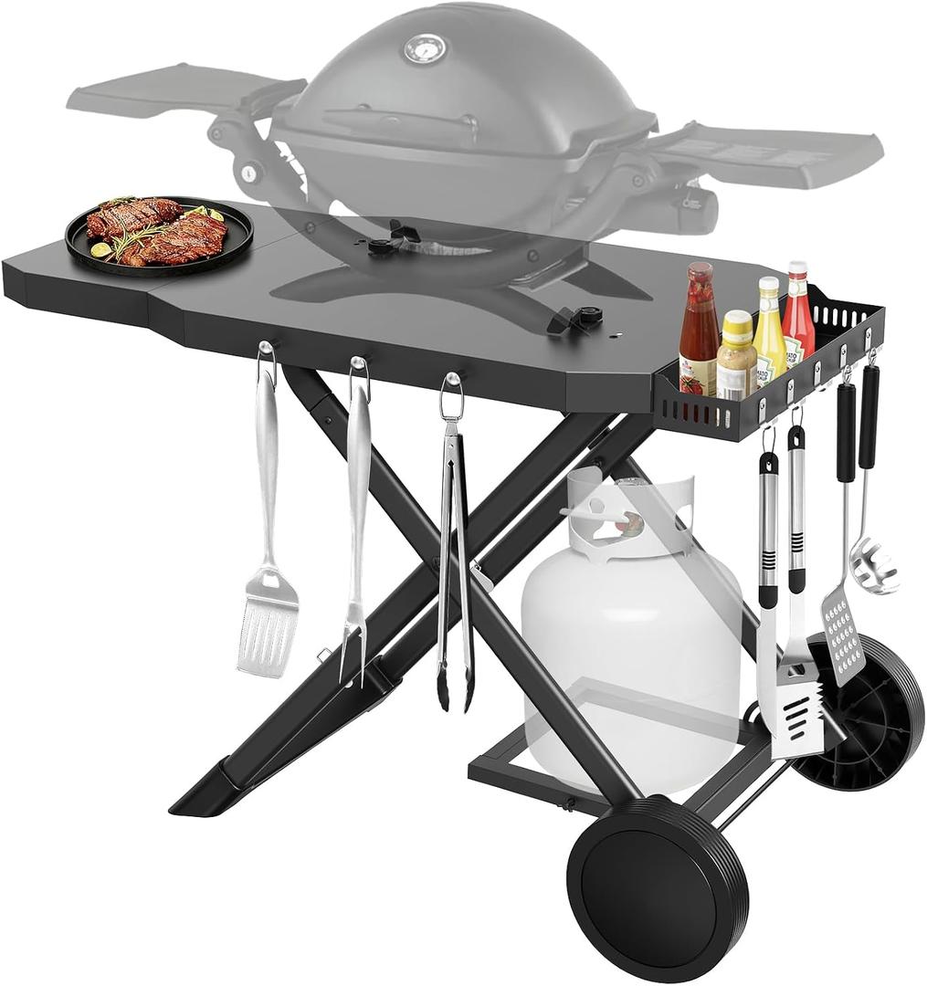 Upgraded Portable Grill Cart for Weber Q1200, Q1000, Q2200, Q2000, Q2400, Foldable Cart for Weber Q Series Gas Grills, Outdoor BBQ Stand with Propane Tank Holder for Travel and Camping