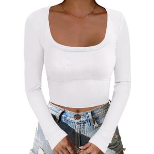 ANRABESS Women's Long Sleeve Square Neck Crop Top Ribbed Slim Fitted Basic Tee Layer Y2K Shirts Fall Fashion Outfits 2025 (Medium, White)
