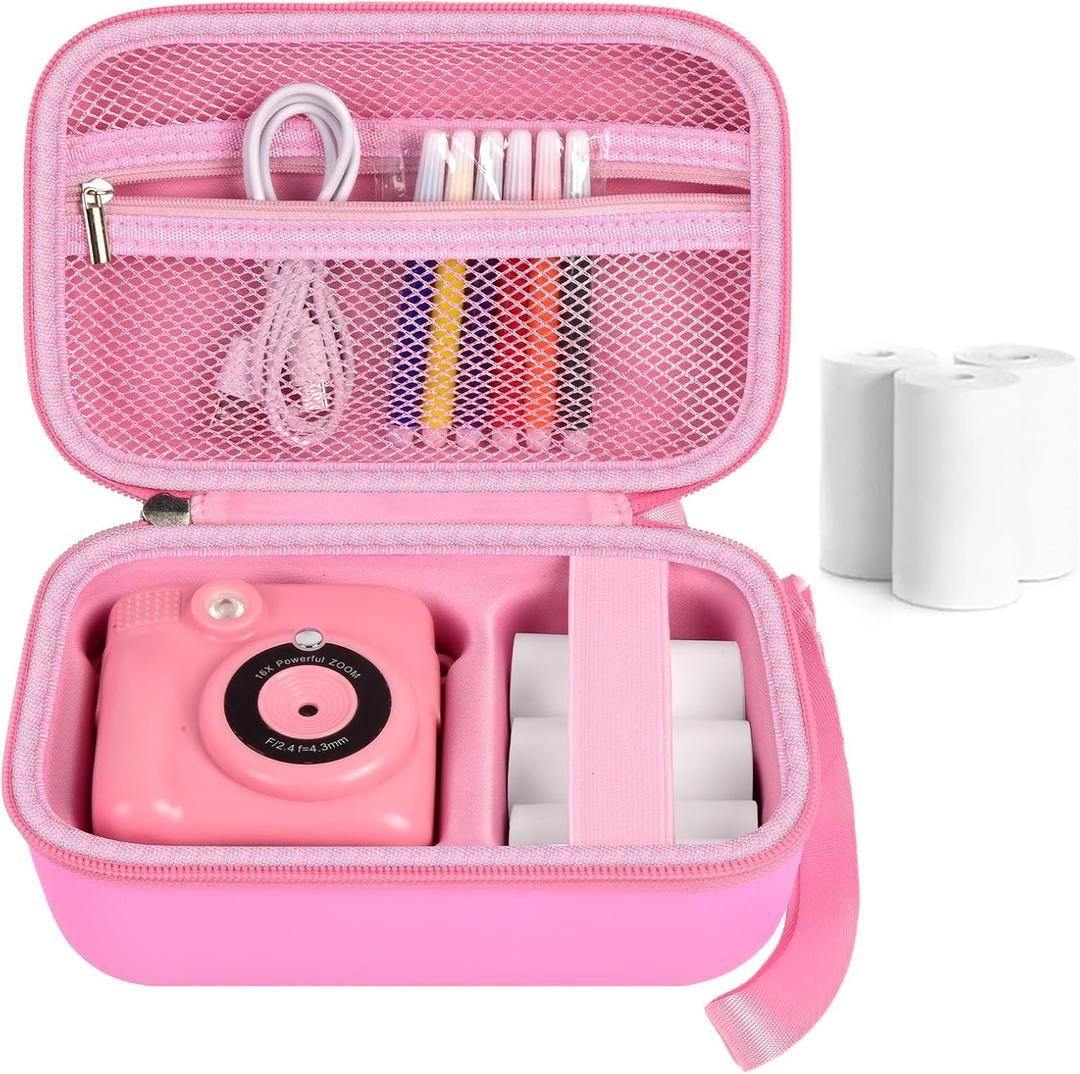 Kids Instant Print Camera Case for ESOXOFFORE Digital Video Cameras with 3 Rolls Paper Refill, Toddler Film Camera Storage Holder Bag with Mesh Pocket for Thermal Paper Accessories (Box Only) - Pink