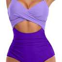 Eomenie Women's One Piece Swimsuits Tummy Control Cutout High Waisted Bathing Suit Wrap Tie Back 1 Piece Swimsuit (X-Small, Purple Color Block)
