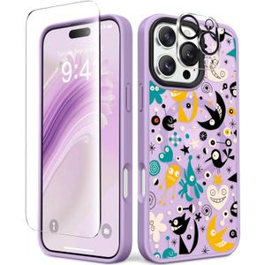 2 x GVIEWIN Magnetic for iPhone 16 Pro Max Case Compatible with Magsafe, [Screen & Camera Lens Protector] Fashion Pattern Translucent Shockproof Phone Cover for 16 Pro Max 6.9" (Moonlit Party/Purple)