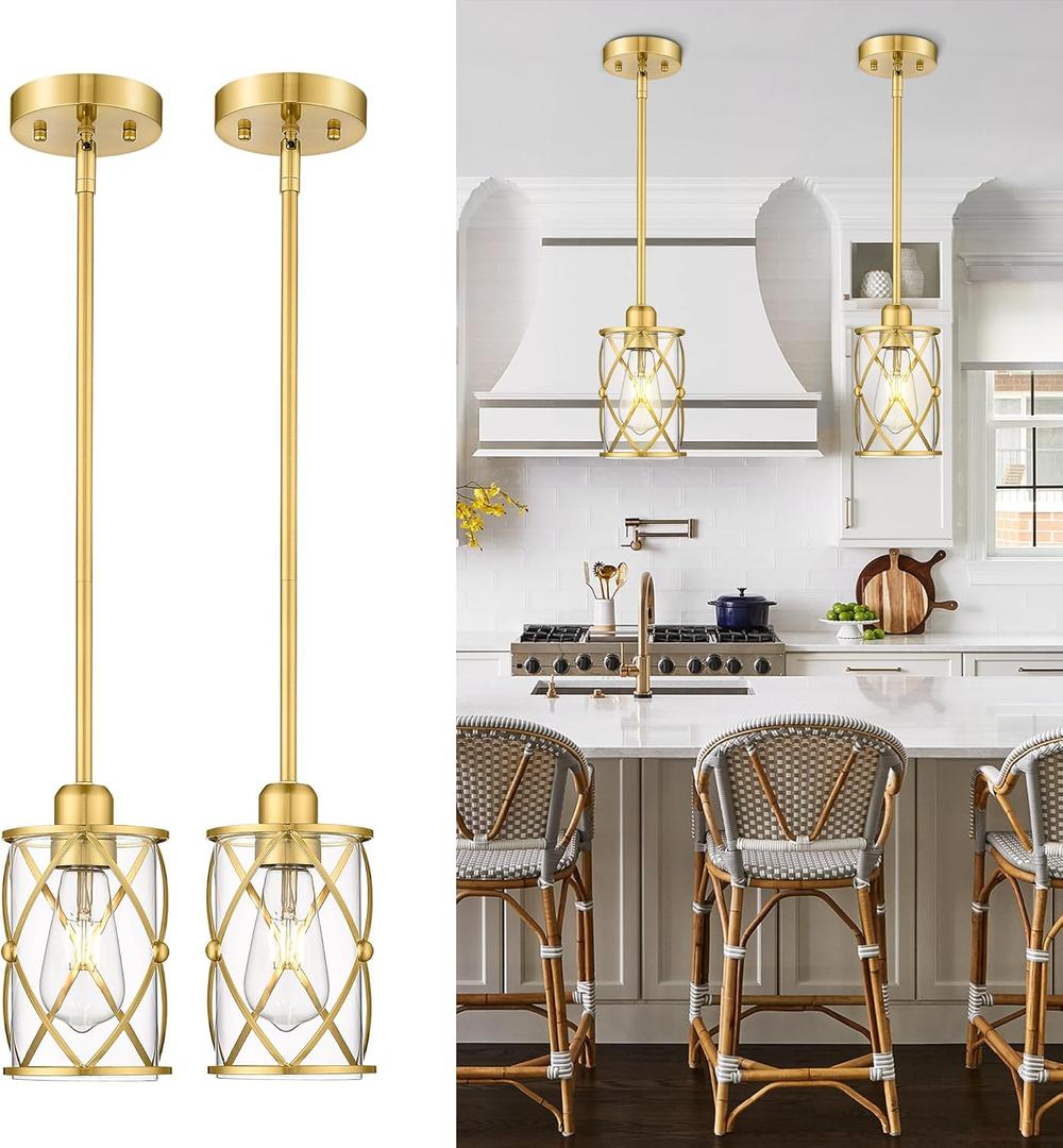 Brushed Gold Pendant Lights Kitchen Island, 2 Pack Brass Glass Pendant Light Fixture Farmhouse Cage Hanging Lighting with Rod for Kitchen Island Sink Bathroom, CH9176BG-2PKG