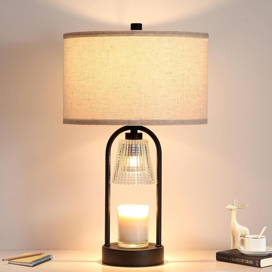 Big Candle Warmer Lamp with Timer, Wax Melt Warmer with Beige Fabric Shade Lamp, Table lamp for Birthday Gifts Mom Women, Living Room, Bedroom,Housewarming Gifts, Include 3 Bulb Dimmable (Electroplating Black)