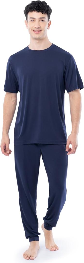 Fruit of the Loom mens 360 Stretch Crewneck Top and Jogger Pant Sleep Pajama Set (Large, Navy)