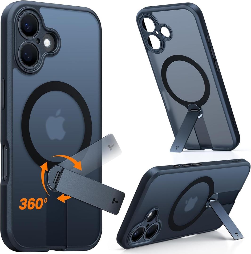 TORRAS 360 Stand & Magnetic Shockproof for iPhone 16 Plus Case with Full Camera Protection, Fit for MagSafe, 16FT Military Grade Shockproof Slim Phone Case for iPhone 16 Plus 6.7", Black