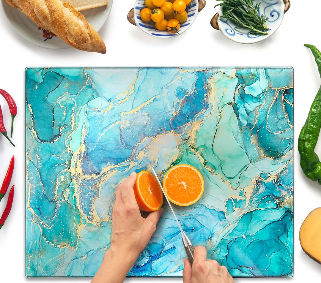 Kitchenville Glass Cutting Board 20x16: Tempered Glass Kitchen Counter Protector - Durable- Scratch-Resistant, Heat-Proof - Design 9 - Teal Ocean