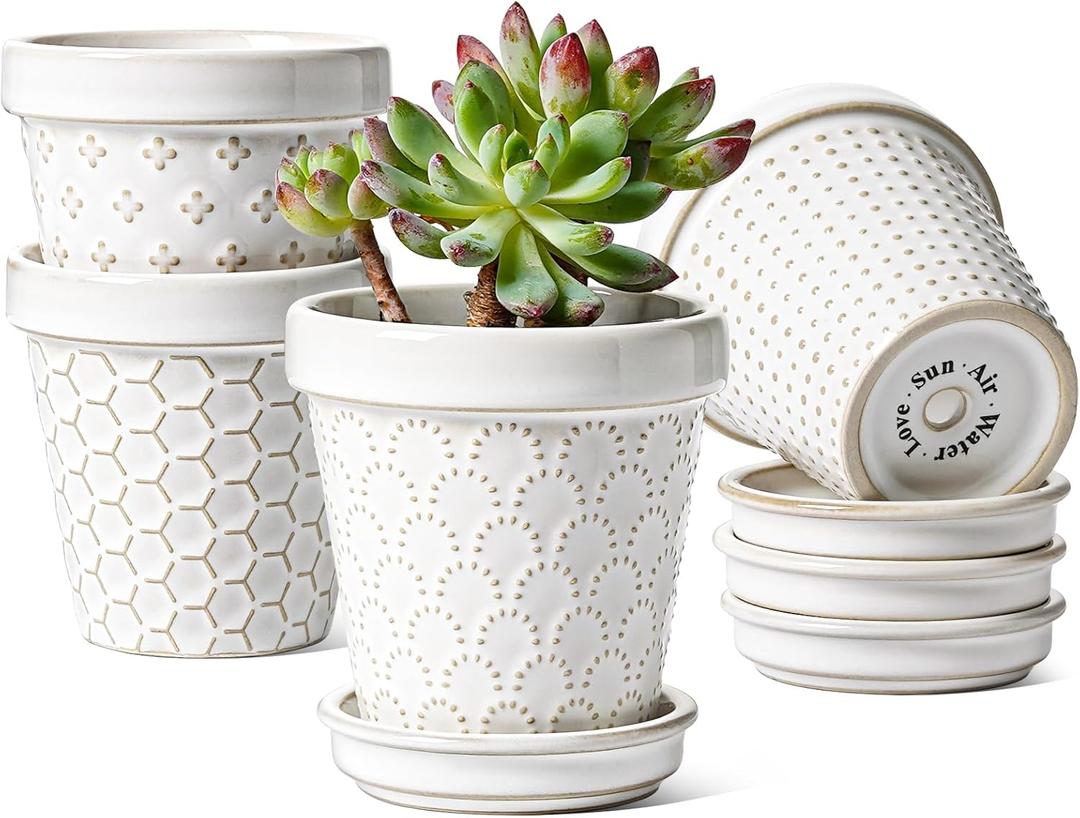 LE TAUCI Ceramic Succulent Pots, 3 Inch Flower Pots for Indoor Plant Cactus, Embossed Small Plant Pot with Drainage Holes & Saucer, Home Decor - Set of 4, Arctic White