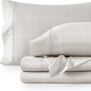 Bare Home Full Sheet Set - Luxury 1800 Ultra- Soft Double Brushed Microfiber - Deep Pockets - Easy Fit - 4 Piece Bedding Sheet Set (Full, Modern Plaid - Stone/White)