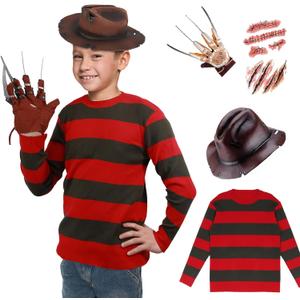 Nightmare Killer Costume Kids Striped Sweater Krueger Hat Glove Scar Stickers Halloween Costume 3-14 Years (X-Large/11-12 Years, Red)