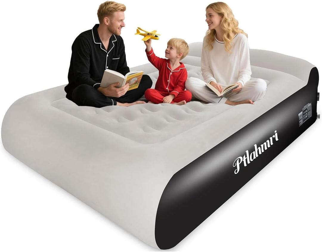 Queen Air Mattress Full with Built-in Pump,16'' Blow up Mattress with Soft Flocked Top Luxury Inflatable Mattress 3 Minute Fast Inflation/Automatic deflation for Camping ＆ Home and Guest