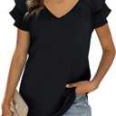 T&Twenties Womens Summer Tops Ruffle Short Sleeve Tunic Tops V Neck Loose Fit Flowy T-Shirts (Blue, M)