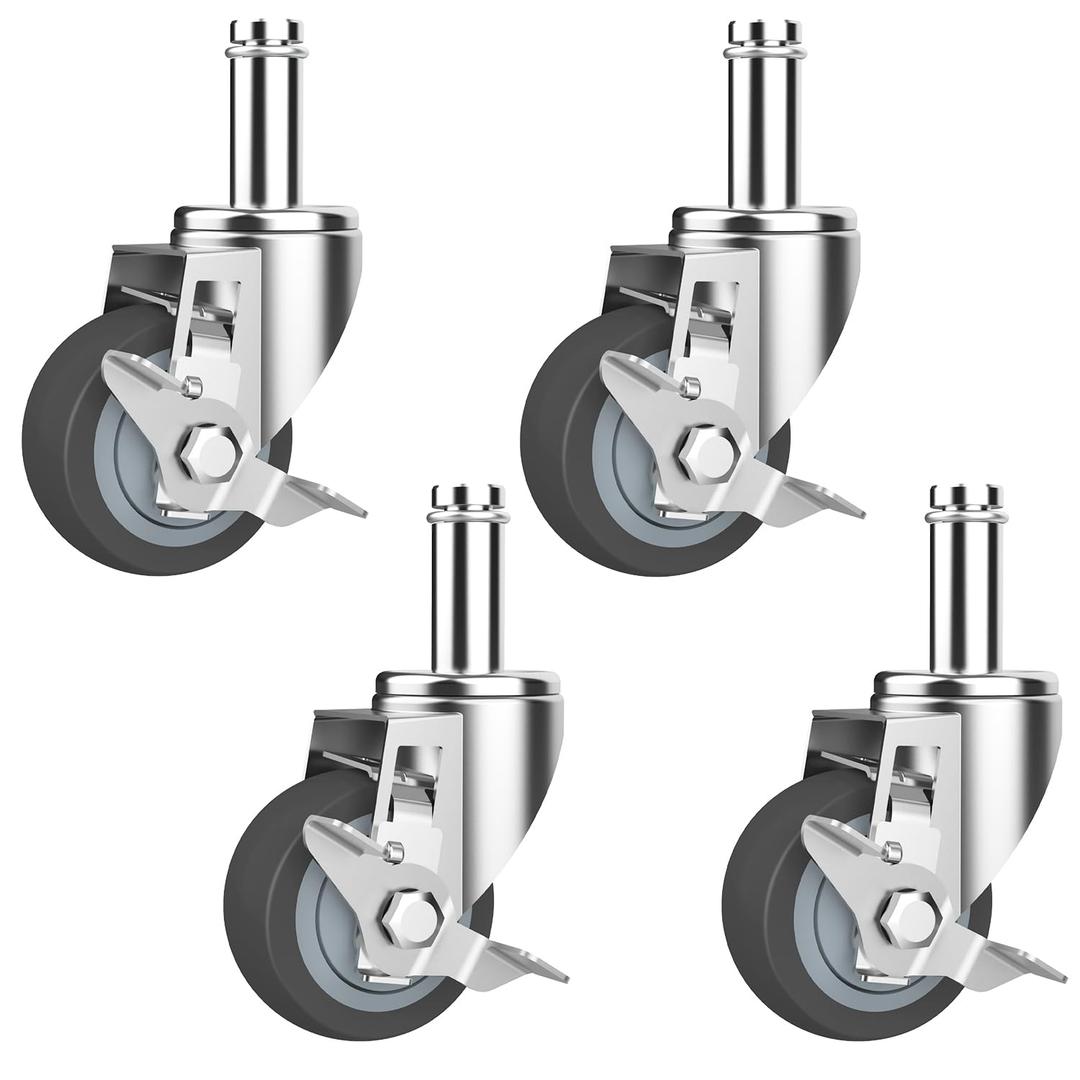RILIDRI 3-Inch Caster for Wire Shelving Racks, Heavy Duty Scaffolding Wheel with Brake, Set of 4 Metro Shelving Replacement Wheels(.864" x 2-3/16")