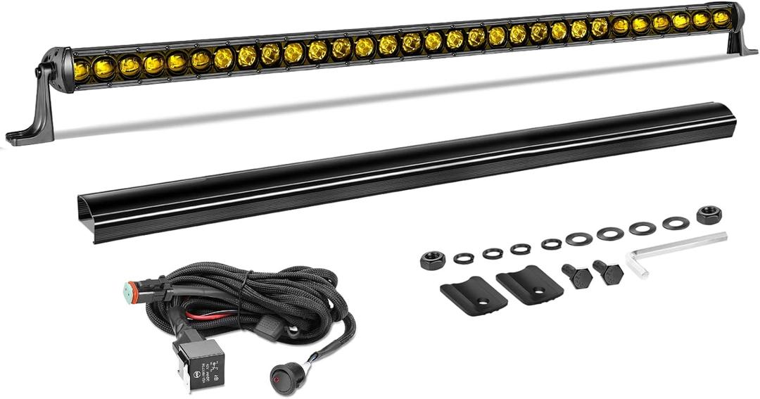 40 Inch Amber LED Light Bar Kit, AKD Part 210W OSRAM LED Slim Single Row Light Bar w/Wiring Harness Black Cover Driving Light Roof Lights for Truck UTV SUV Toyota Can-Am Honda Bronco Subaru