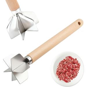 304 Stainless Steel Meat Chopper,6 Blade Ground Beef Masher with Wooden Handle, 11 Inch Potato Masher, Metal Meat Masher for Kitchen