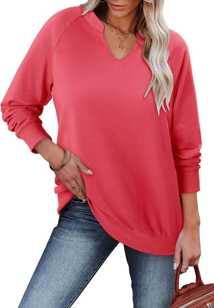 StunShow Women Sweatshirts Long Sleeve Shirts V Neck Casual Cute Loose Fit Lightweight Pullover Tops (L)