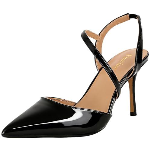 Yumlon Closed Toe Slingback Heels Wedding High Stiletto Heel for Women 3.3 Inch Ankle Strap Pointed Toe Pumps Prom Dress Bride Shoes for Dinner Party Sexy Glossy Black, 8