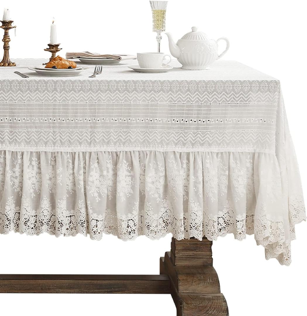 patdrea Vintage White Lace Tablecloth,Design Embroidered Cotton Ruffle Table Cloth for Rectangle Table,Elegant Rustic Fabric Decorations for Wedding Party Thanksgiving Christmas 63"*87"