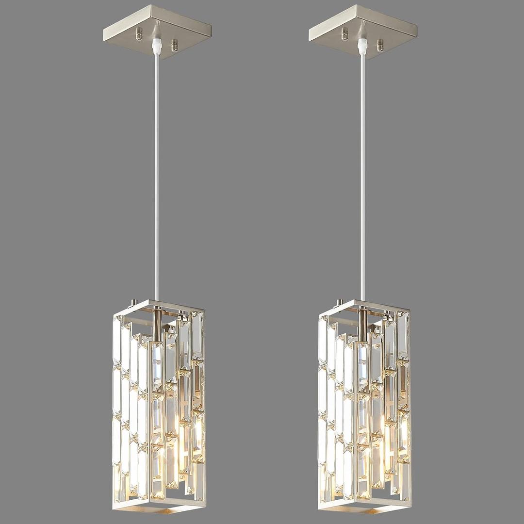 Brushed Nickel Pendant Lighting Modern Pendant Light, Mini Crystal Chandeliers, Adjustable Pendant Light Fixture for Kitchen Island Dinning Room Bedroom (2 Pack)
