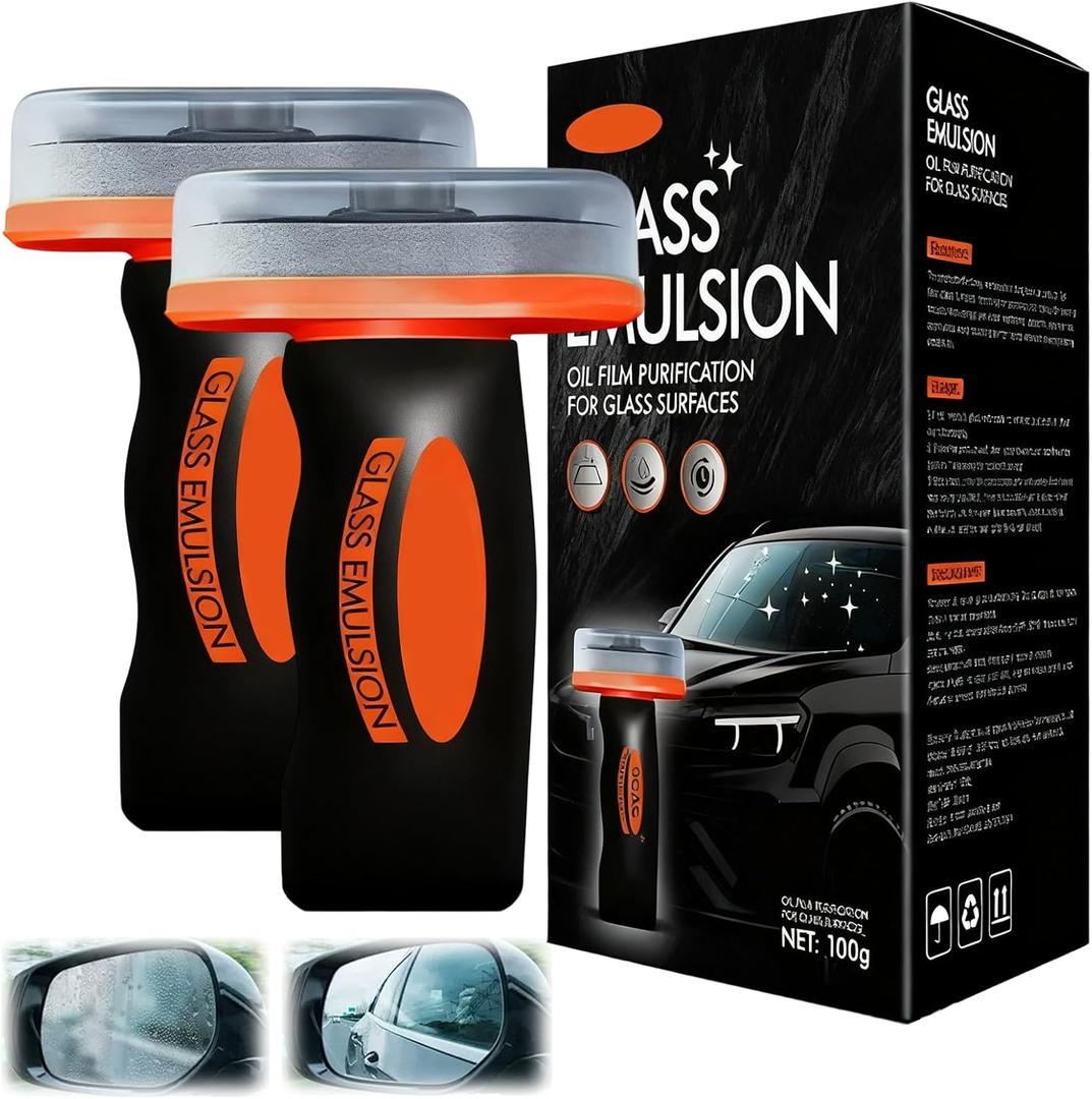 2Pcs Glass Oil Film Remover for Car, New Oil Film Cleaning Glass Emulsion for Car Windows, Automotive OilFilm Cleaning Remover, Improves Visibility & Safe Driving (Emulsion + Brush Board,100g)