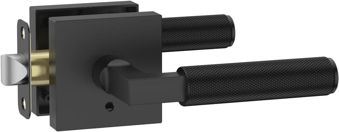 Amerdeco 1 Pack Privacy Door Handles, Matte Black Interior, Knurled Lever, Heavy Duty for Bedroom and Bathroom, Reversible Keyless for Right & Left Side AM0021