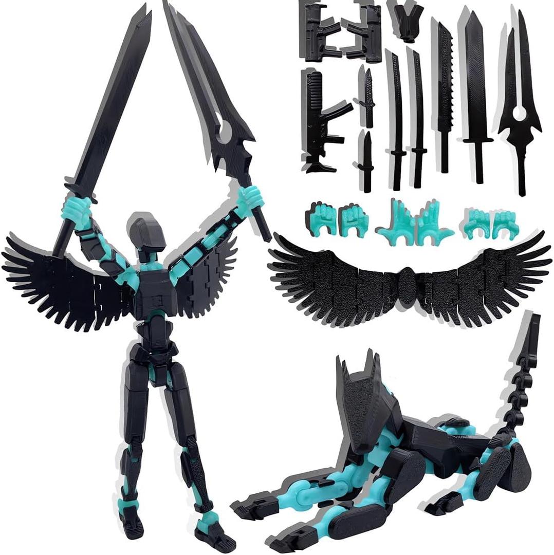 T13 3D Action Figures Set Titan 13 Action Figure Dummy 3D Printed Robo Multi-Jointed Movable Toy with Full Articulation for Collectors Desktop (Assembly Completed Black Blue Figure + Dog)