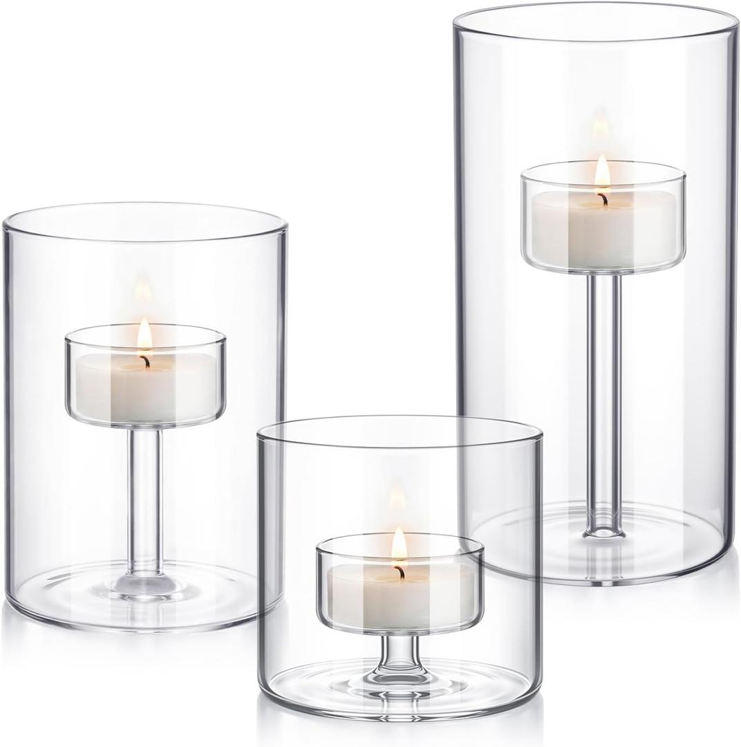 3 Set Hurricane Glass Candle Holders Pillar Votive Hand Blown Clear Cylinder Vase Modern Rustic Table Centerpieces Bulk 3 Sizes (2.8''/4.3''/6'' H)