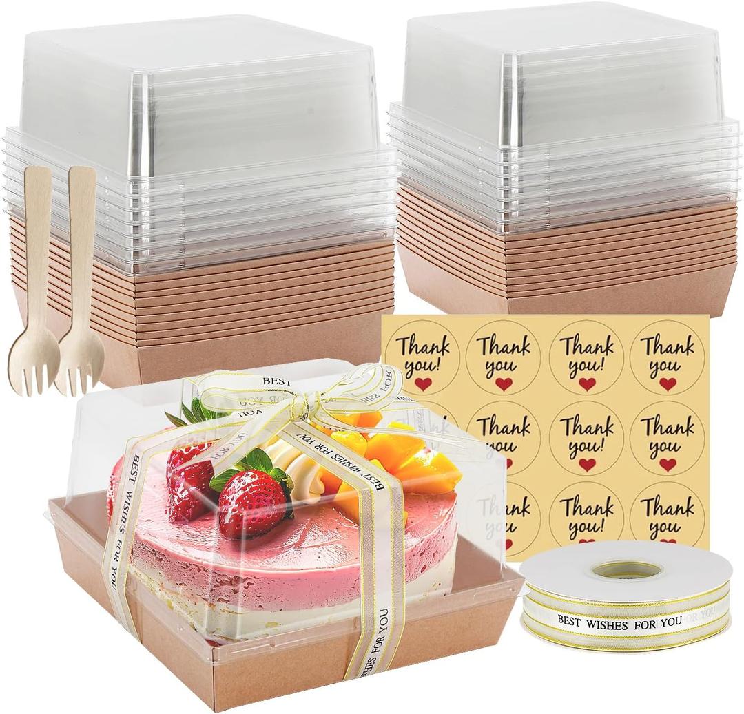 7 x 7 x 4 Inches Paper Charcuterie Boxes with Clear Lids, 25 Pack Large Clear Cake Boxes for 4-6 Inch Cake, Disposable Bakery Boxes Food Containers for Cupcakes,Pie,Cookies, Cocoa Bomb Brown