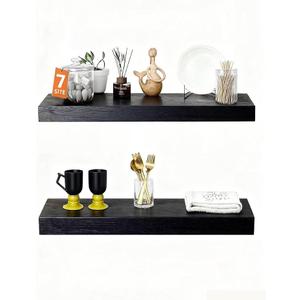 Solid Wood Floating Shelves,V15in Finished Real Wood Wall Shelves with Heavy-Duty Hidden Bracket, Easy Installation, Set of 2, 15in x 7.9in x 1.5in, for Living Room Bedroom Kitchen,VBlack