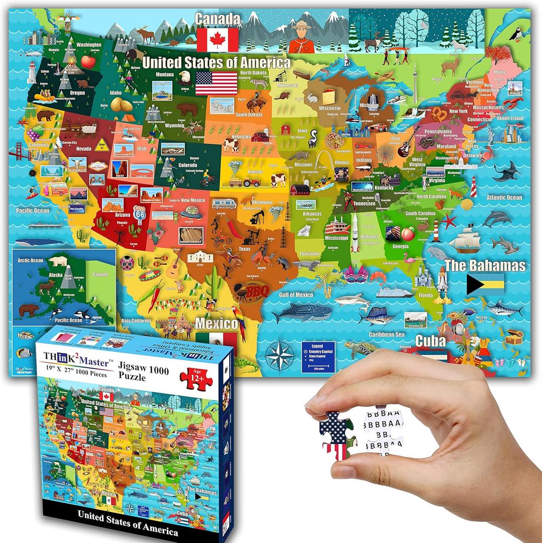 Think2Master Colorful United States Map 1000 Pieces Jigsaw Puzzle for Kids 12+, Teens, Adults & Families. Great Educational Gift for Interest in The USA Map. Size: 26.8 X 18.9