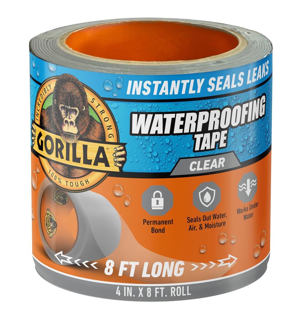 Gorilla Waterproof Patch & Seal Tape, Clear Tape, 4" x 8' (Pack of 1) - Permanent Weather Resistant Seal for Leaks and Repairs