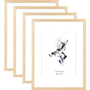 Yaetm 12x16 Picture Frame with Mat for 8.5x11 Set of 4, Natural Solid Oak Wood 12x16 Frame for Gallery Wall and Poster, Wall Mounted (4 pack, Oak)
