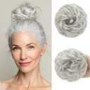 CJL HAIR Small Messy Bun Hair Pieces for Women Thin Hair Synthetic Curly Mini Scrunchies Hairpiece Updo with Elastic Band 2PCs Grey Multi
