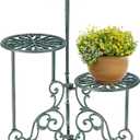 OwnMy 3 Tier Heavy Duty Cast Iron Plant Stand Foldable Wrought Iron Flower Pot Holder, Indoor Outdoor Tall Plant Stand Shelf for Garden Patio, Decorative Round Metal Plant Display Rack, Antique Green