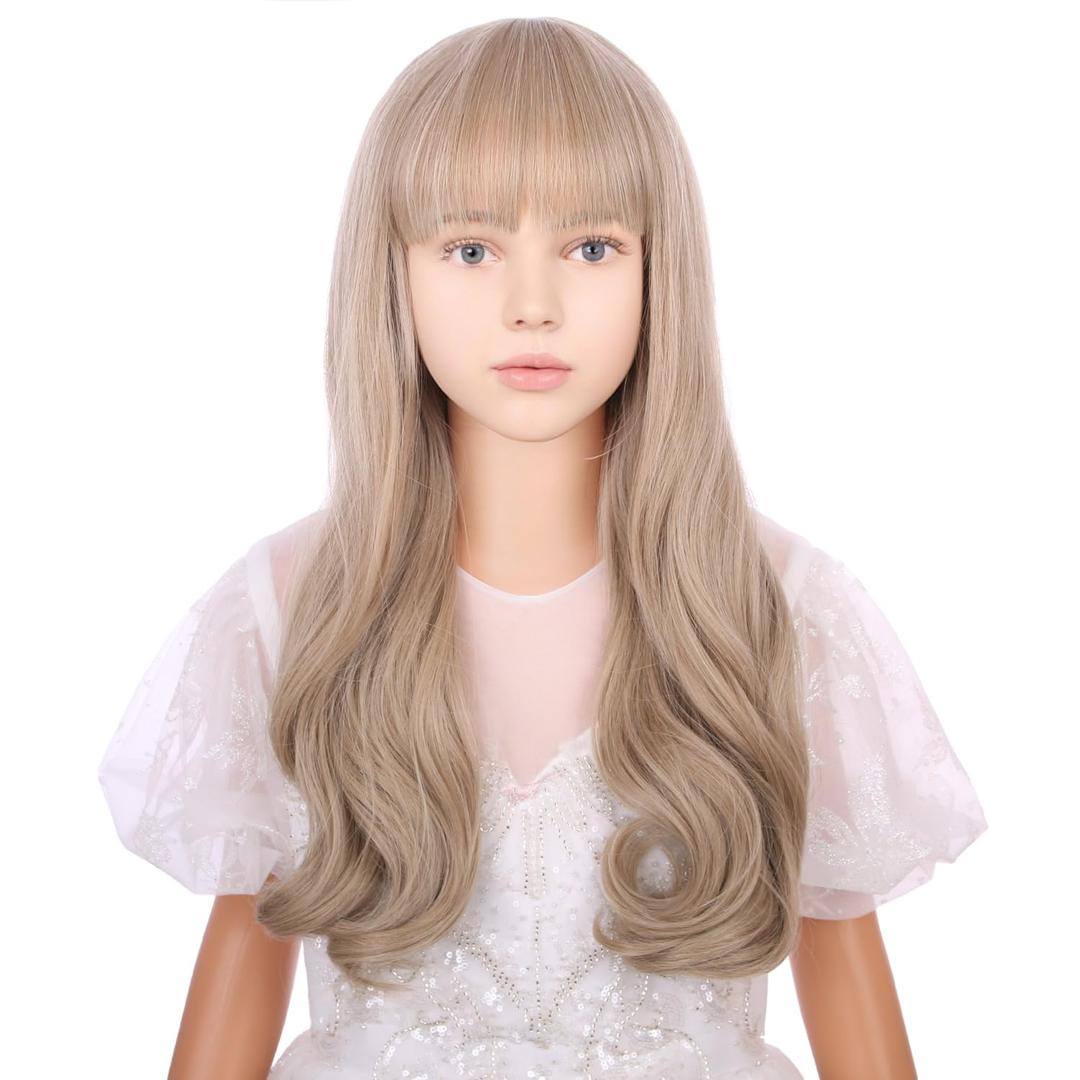 Kids Mixed Blonde Wig with Bangs Girls Long Ash Blonde Wig Cild Wavy Curly Dirty Blond Wigs Daily Halloween Party Cosplay Wigs