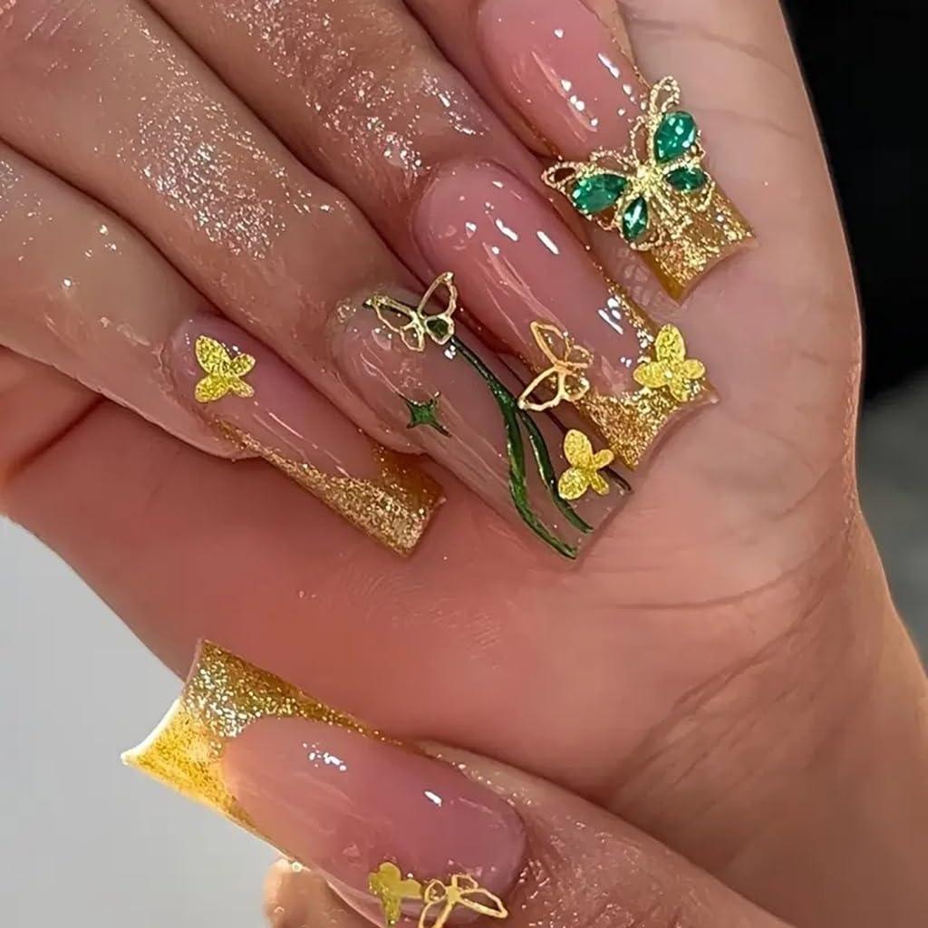 3 x Long Press on Nails Square - Gold Fake Nails with Butterfly Charms Design - Glitter Full Cover Stick on False Nails - for Women 24 Pcs (Standard)